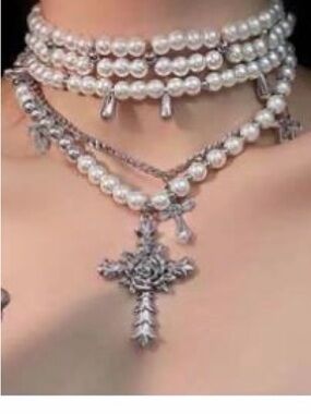 Pearl & Silver Cross Multi-Layer Choker Necklace